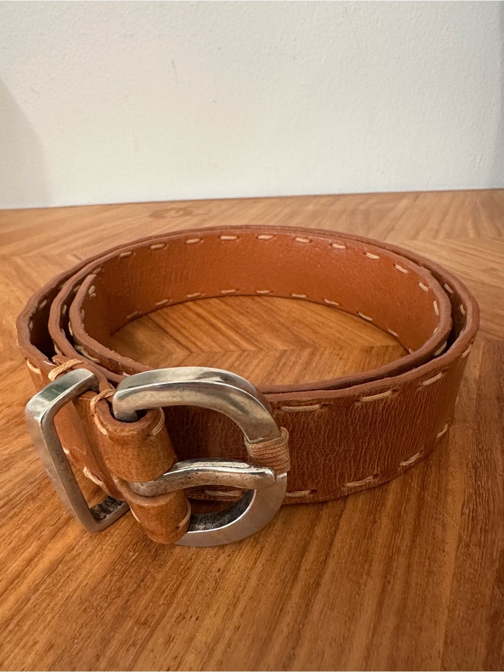 Vintage Nine West Tan Leather Belt SZ M Silver Buckle Boho Classic India Made